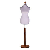 Silver female dressmakers dummy with dark wood round base, adjustable height, ideal for sewing, tailoring, and display.